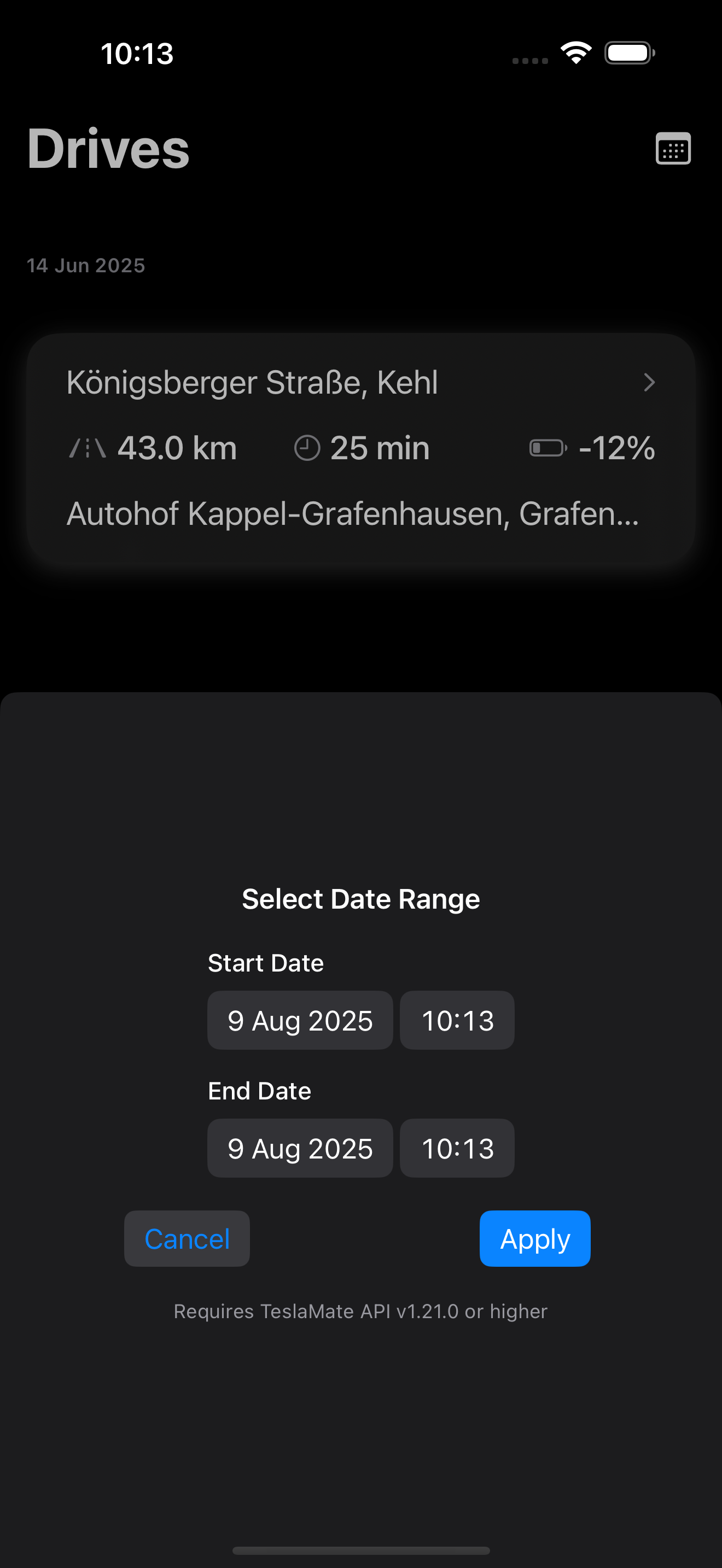 Best app for TeslaMate - Fastcruise drives screen showing trip history and date range selector for filtering Tesla driving data