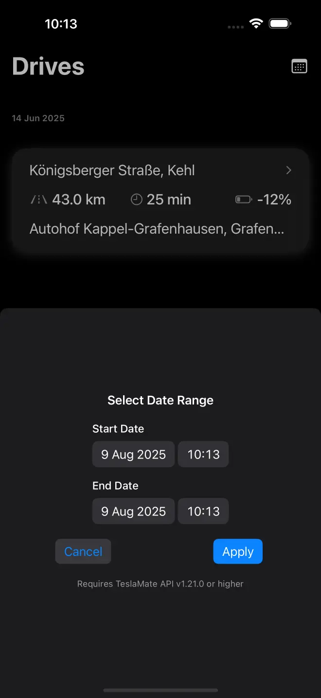 Fastcruise drives screen showing trip history and date range selector for filtering Tesla driving data